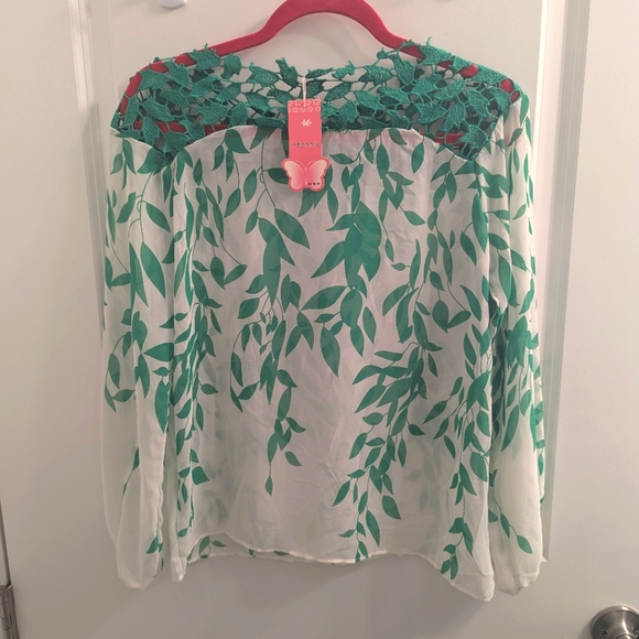 Tops - Boat Neck Lace Insert Chiffon Long Sleeve Top Green White Floral Medium